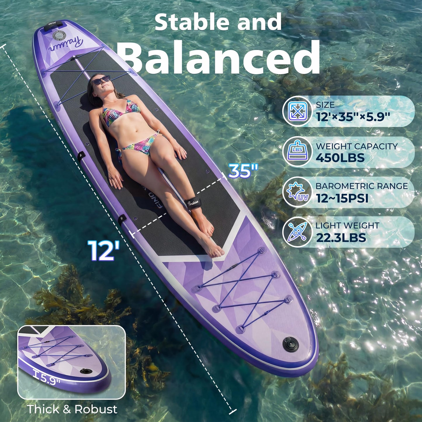 PRAISUN 12’ x 35” Inflatable Paddle Board, 450lbs Extra Wide Stand Up Paddleboard for Youth/Adults of All Skill Levels, Stable SUP with Seat & Full Kit, for Fishing, Yoga, Lake & Ocean, Purple