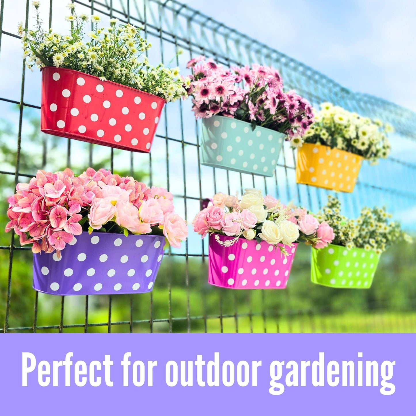 LaLaGreen Outdoor Hanging Planter (11.2 Inch, 6 Pack) Light Blue, Neon Pink, Dark Purple, Yellow, Red Metal Iron Window Box Polka Dot Herb Flower Pot Deck Railings Fence Wall Mount Porch Garden Decor