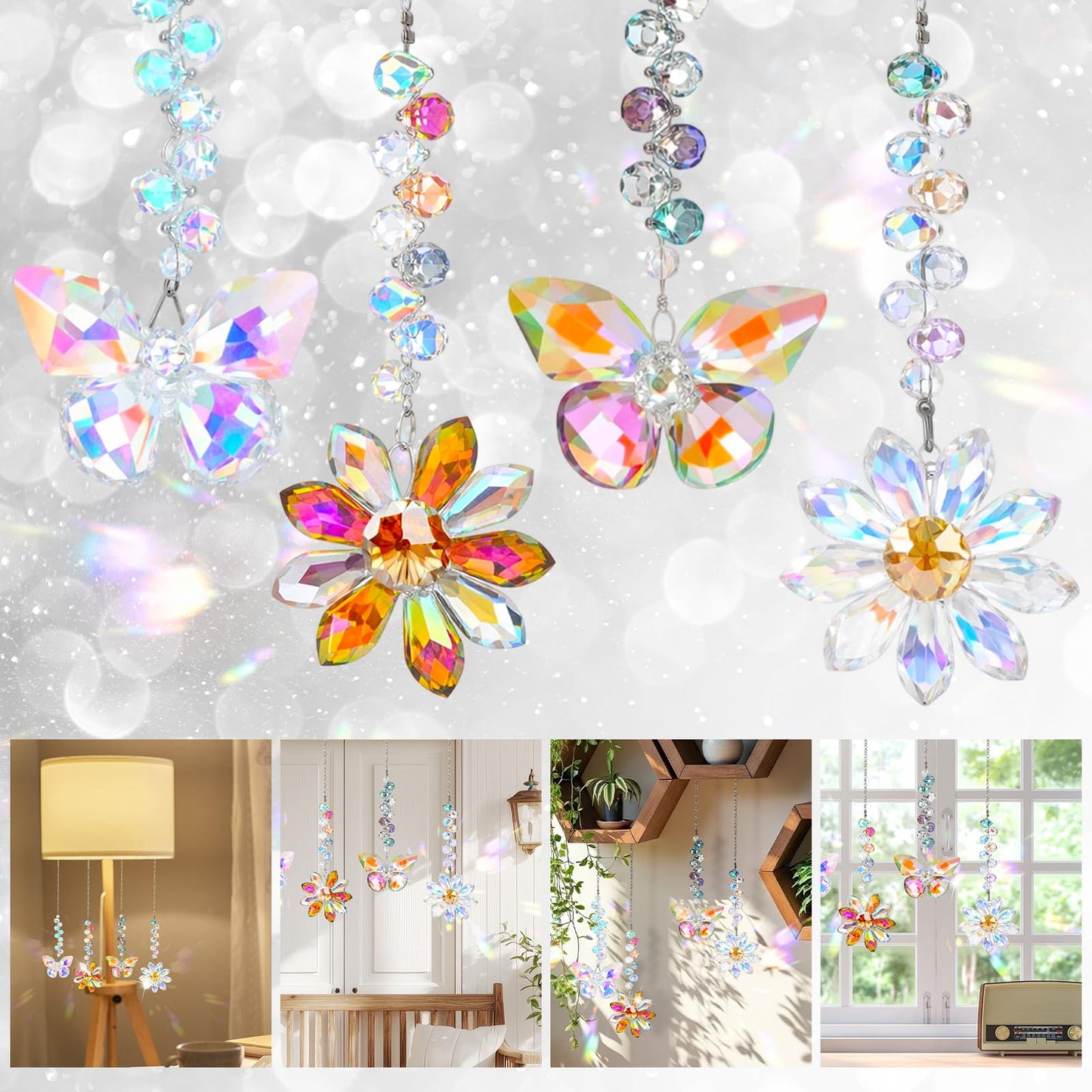 Hoemwarm 4 PCS Crystal Suncatchers 2PCS Butterfly 2PCS Flower Window Hanging Ornaments Rainbow Maker for Indoor Outdoor Garden Wedding Decor Gifts