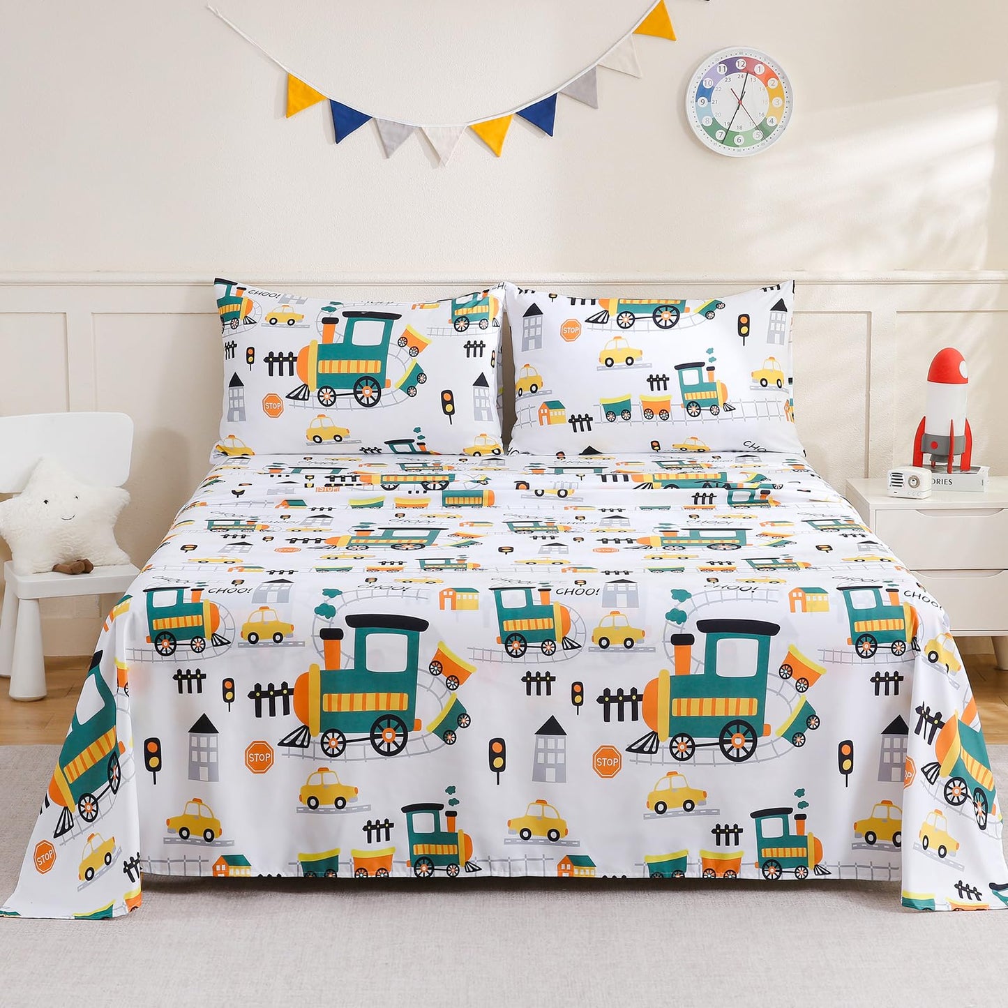 ChicView Full Sheet Set Kids,4 Pieces Breathable Soft Microfiber Bedsheets for Child Boys Girls, Anti Pilling Deep Pockets Easy Care Bed Sheets, Train