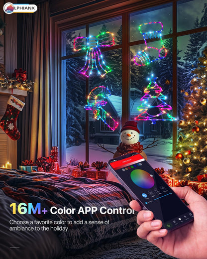 4 Pack Smart Christmas Window Lights, Christmas Window Silhouette Lights, Christmas decorations indoor,Custom & Preset Modes,APP Control Candy Cane,Christmas Tree,Bow,Christmas Stocking for Door Glass