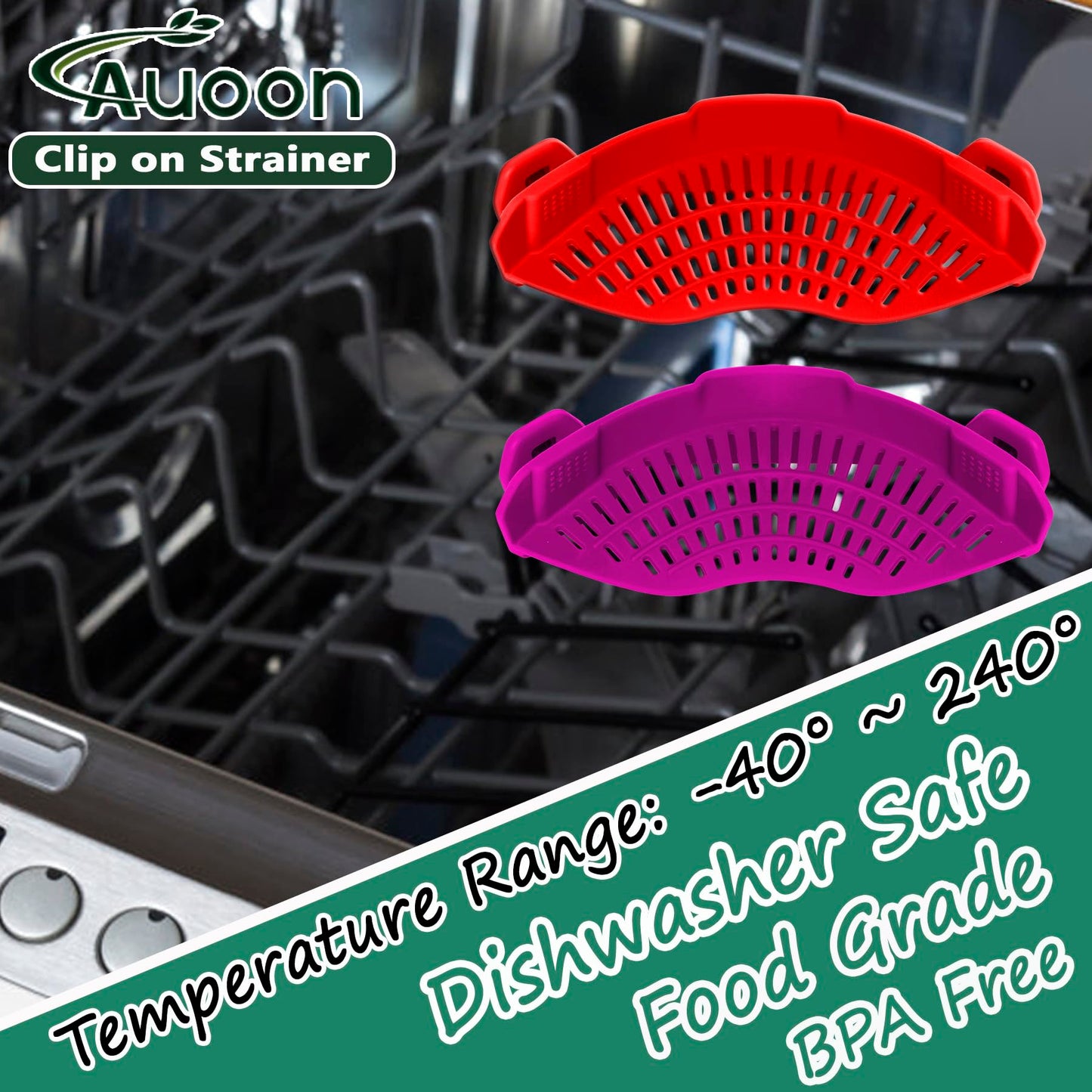 AUOON Clip On Strainer Silicone for All Pots and Pans, Pasta Strainer Clip on Food Strainer for Meat Vegetables Fruit Silicone Kitchen Colander