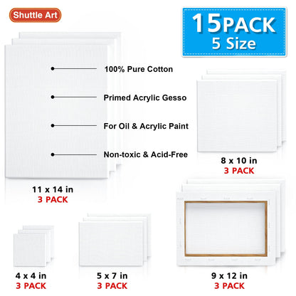 Shuttle Art Canvas for Painting, 15 Multi Pack Stretched Blank Canvas Boards, 4x4, 5x7, 8x10, 9x12, 11x14 Inches (3 of Each), Primed White Painting Canvas, Canvases for Acrylic, Oil Painting