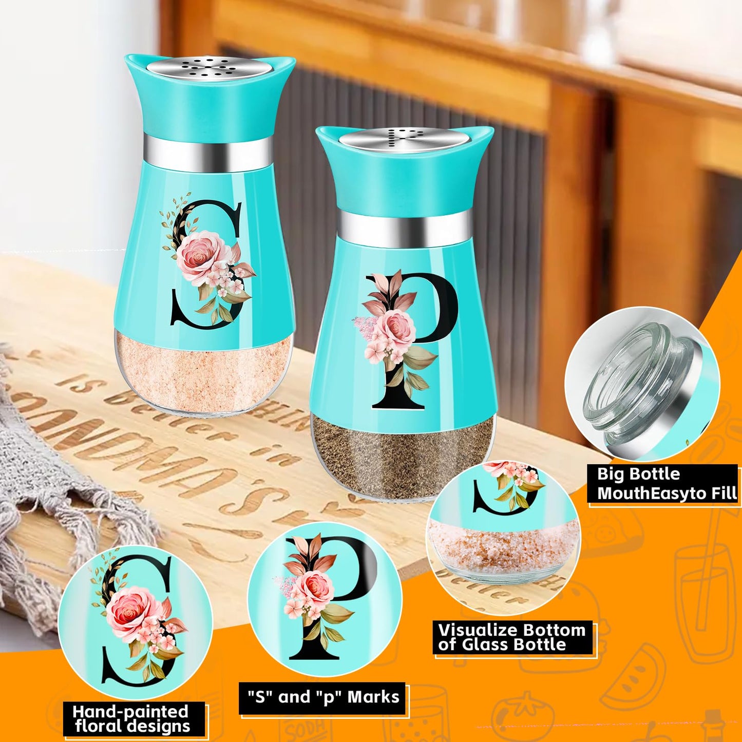 Salt and Pepper Shakers Set, 4 oz Teal Kitchen Accessories and Decor, Stainless Steel & Glass Spice Dispenser Classic, Refillable Design, Farmhouse Salt Pepper Shakers Cute Kitchen Decoration (Blue)