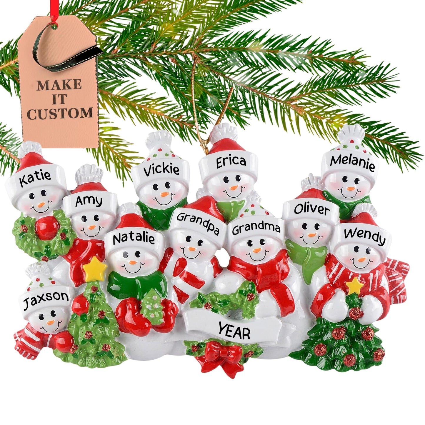 Personalized Large Family of 11 Ornament 2025 | Free 24h Customization | Laser Engraved Snowman Christmas Ornaments for Tree | Custom Gift Wrapped Festive Holiday Keepsake for Eleven Persons