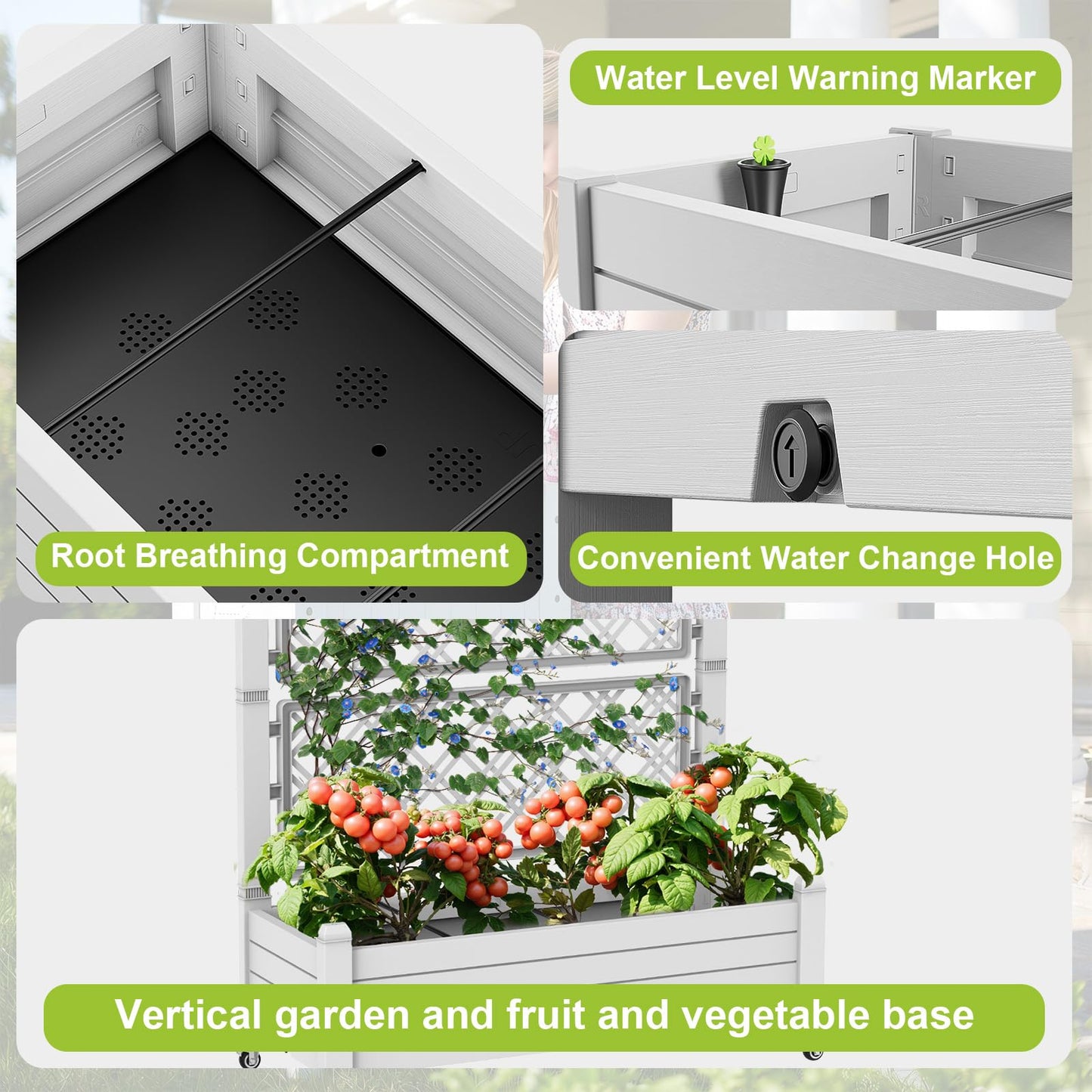Vixzen 64" Tall Raised Garden Bed,Outdoor Large Resin Planter Box with Trellis and Drain Plug for Climbing Plants,Easy to Assemble,Water Monitor,Mobility(Ashen, 43.43"×18.27"×64.29")