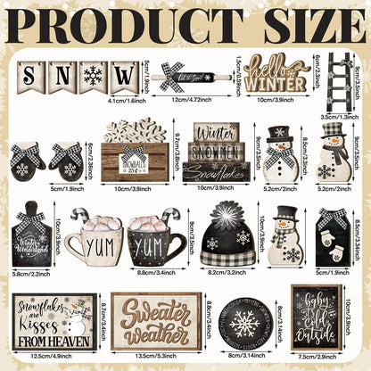 CroBlissful 23 Pcs Christmas Winter Tiered Tray Decor Snowman Farmhouse Decor Winter Tiered Table Centerpieces Wood Blocks Signs for Home Shelf, Without Tray(Black, White,Snow)