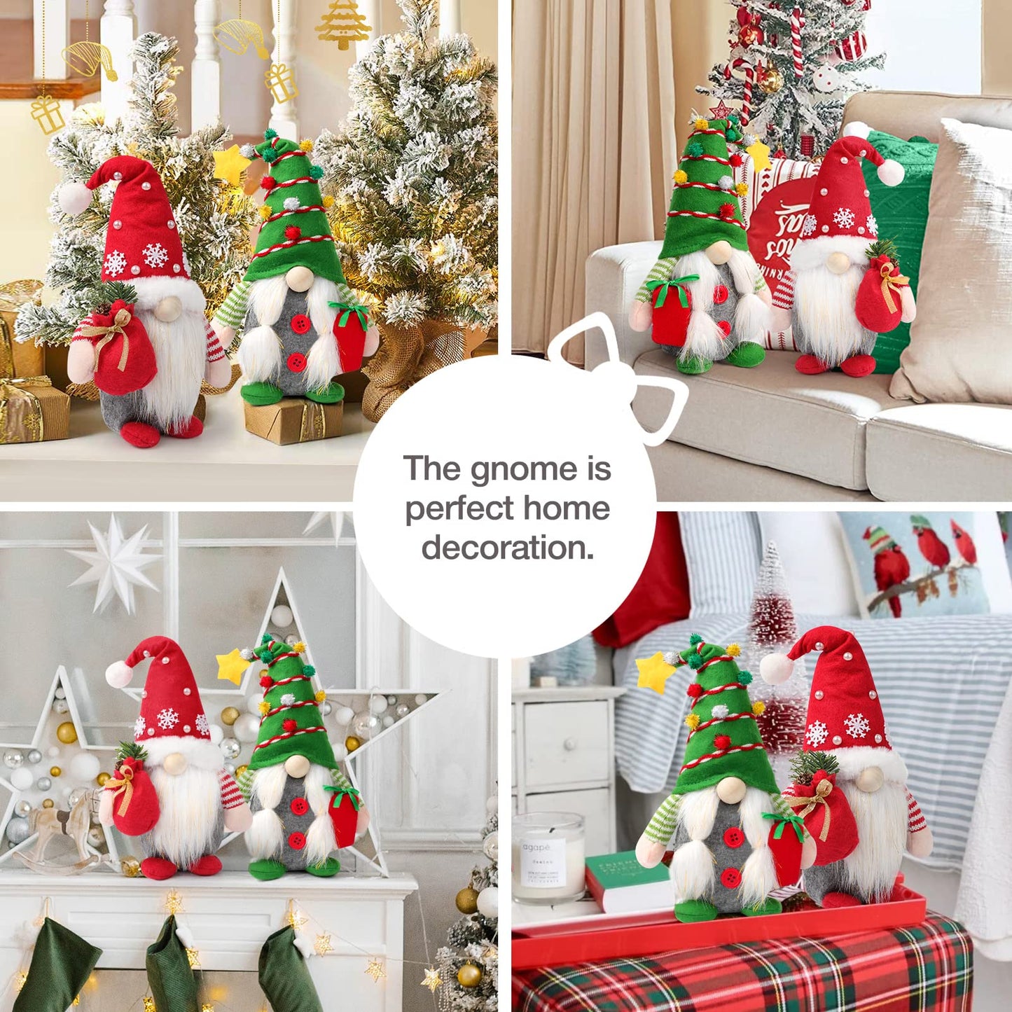 Yonsya Set of 2 Christmas Gnome Plush Decorations, Xmas Farmhouse Tiered Tray Tree Christmas Decor Doll Collectible Figurines - Home Tabletop Elf Ornaments (2, Red+Green)