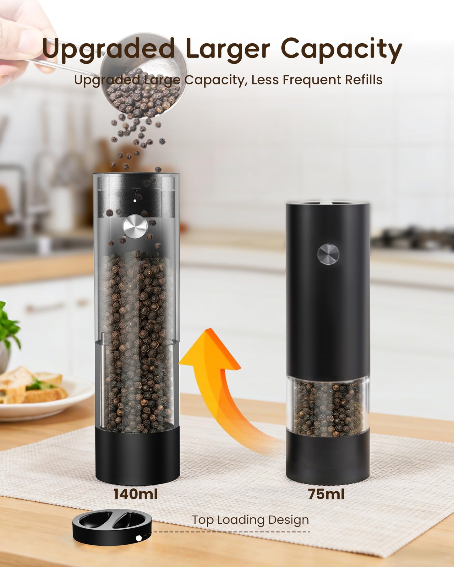 Electric Salt and Pepper Grinder Set, Rechargeable USB Base, Automatic One-Hand Operation, 6 Adjustable Coarseness, 140ml Capacity, LED Light, Refillable for Kitchen, Housewarming Gift