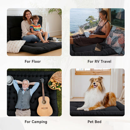 Ingdgnoso Japanese Floor Mattress, 3.5" Thicken Futon Mattress Tatami Mat, High Density Foam Support for Adult Kids Sleep, Portable Futon Sofa Bed for Camping, Pet Mat, Queen 80"x 60"（Black）