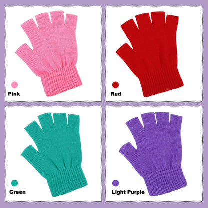 Bememo 4 Pairs Fingerless Gloves Half Finger Mittens Winter Solid Color Knitted Typing Gloves for Boys and Girls (Pink, Red, Green, Light Purple)