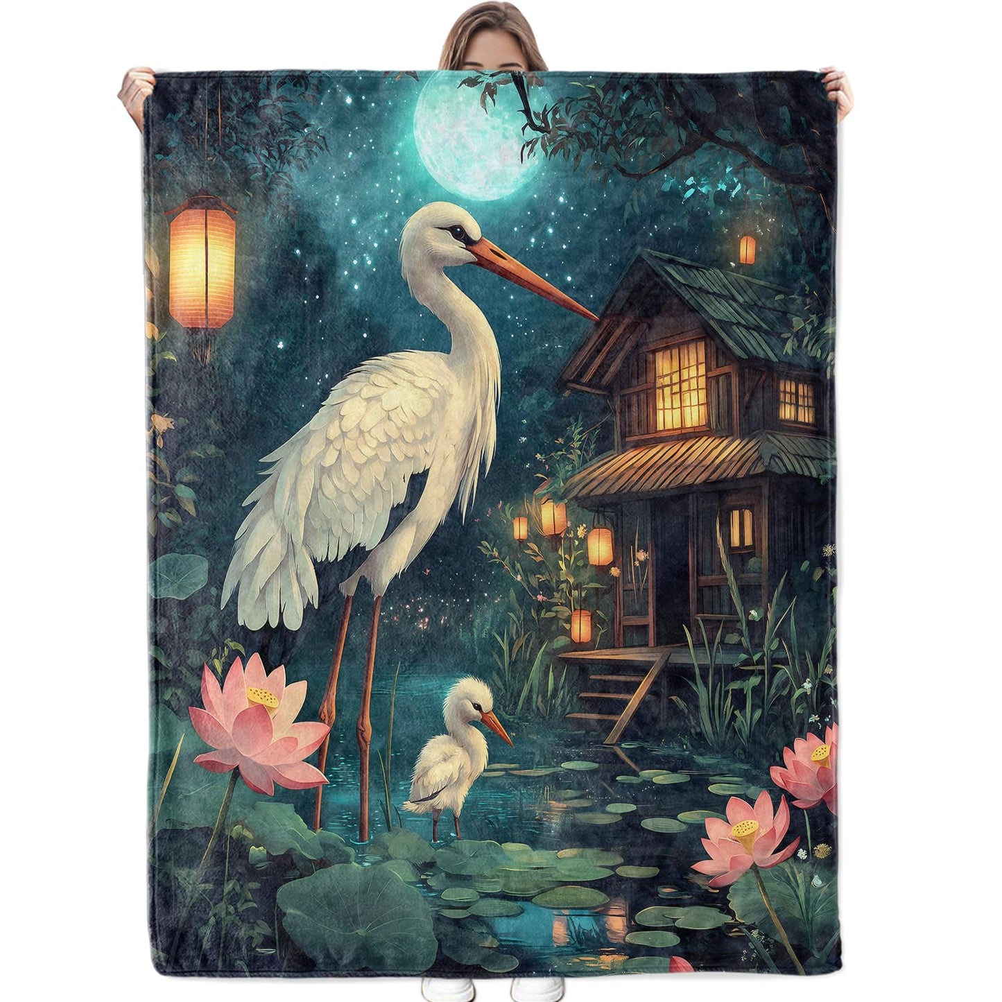 Bidesk Pretty Crane Blanket Soft Flannel Throw Blanket, Cozy & Warm Yet Lightweight Blankets for Travel, Couch, Bed, for Men Women Adults, Fuzzy Outdoor Comfort Wrap 60"×50"