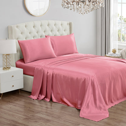 Juicy Couture Full Size Satin Bed Sheet Set, Deep Pocket Silky Full Sheet Set with 1 Fitted Sheet, 1 Flat Sheet, and 2 Pillow Case, Wrinkle Resistant and Anti Pilling Bed Sheets - Rose Pink