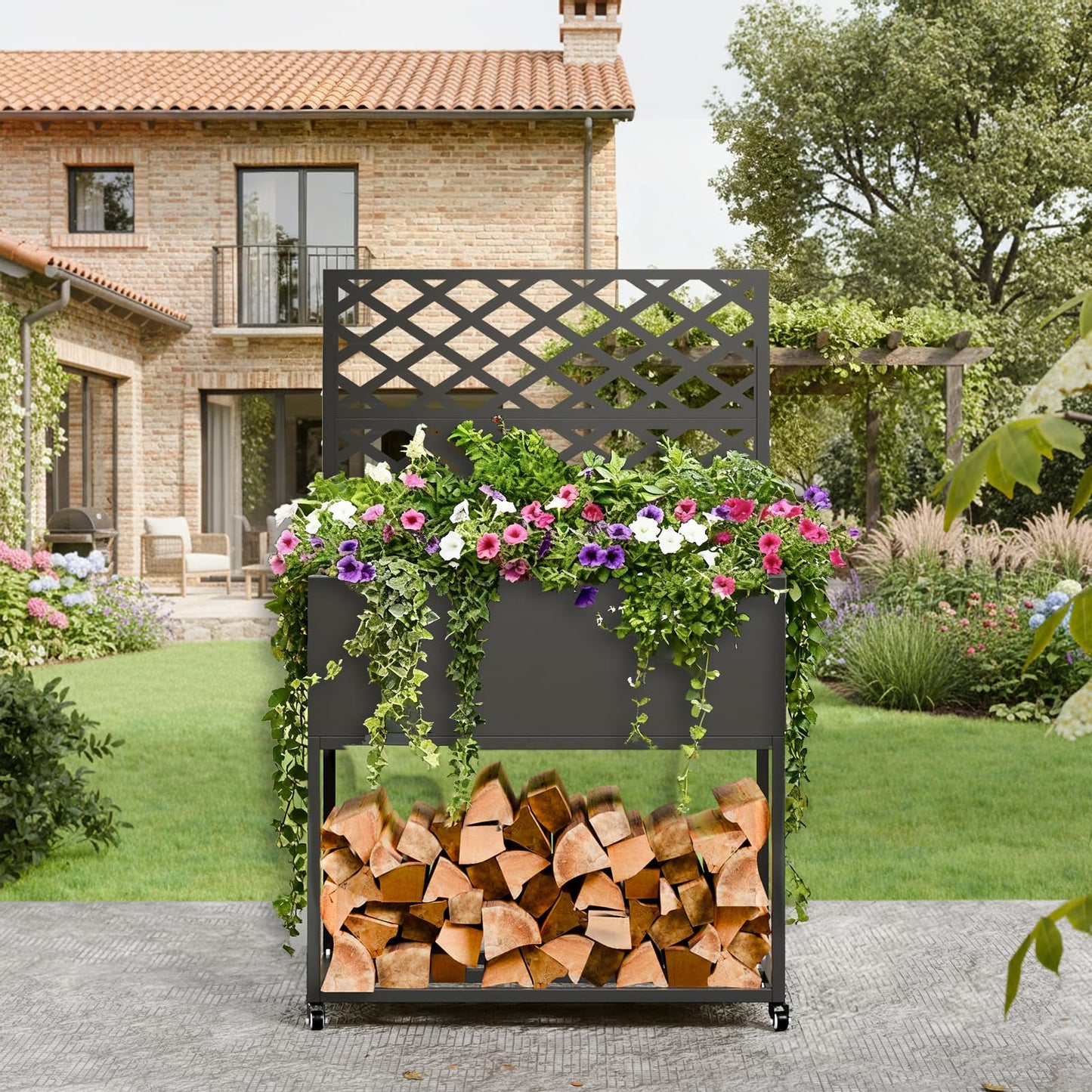 Metal Planter Box with Trellis, 3 in 1 Raised Garden Bed with Trelli & Firewood Rack, Privacy Planter Screen for Climbing Plants, Vine, Outdoor Garden Standing Beds with Drainage Holes, Wheels,Black
