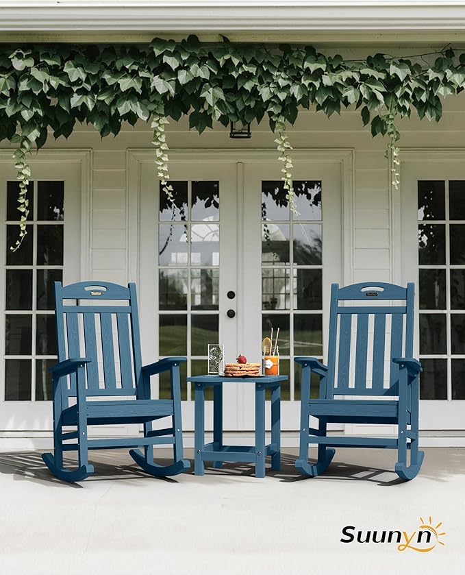 Oversized Rocking Chair Outdoor, High Back Porch Rocker Chair, HDPE All Weather Resistant Rocking Chairs for Patio, 380lbs Weight Capacity, Navy Blue