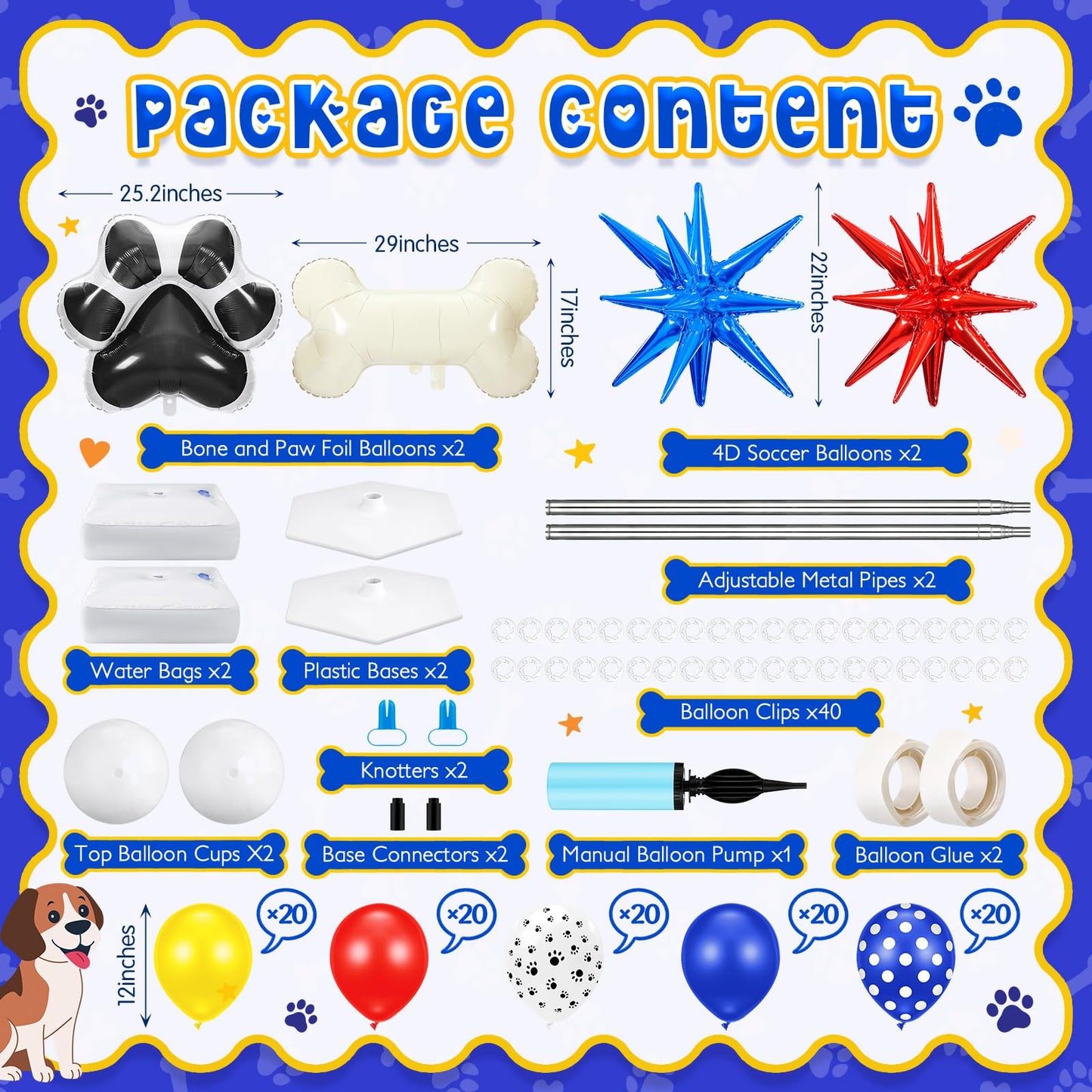 Kasyat 2 Sets Dog Paw Balloon Column Stand Kit Red Yellow Blue Paw Print Polka Dot Bone Shaped Balloon Arch Garland Kit with Stand for Dog Birthday Decorations Puppy Men