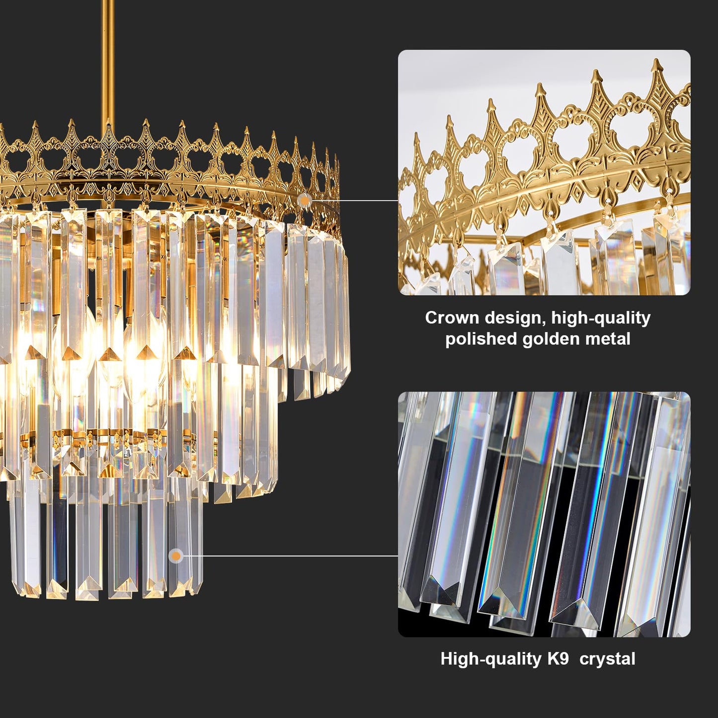 KPIOK 16'' Gold Crystal Chandelier,6-Light Modern Chandeliers for Dining Room,3-Tiers Round Metal Pendant Light Fixture for Kitchen Island Living Room Bedroom Entryway