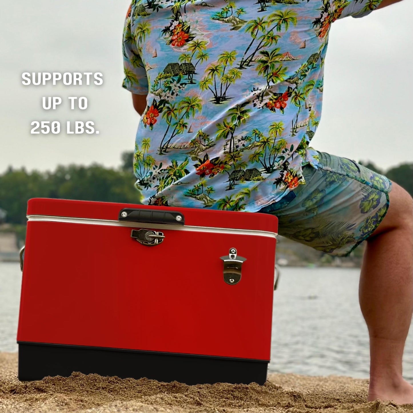 FSE Hard-Sided 54 Qt Metal Cooler, 80 Can Vintage Ice Chest, Durable Two-Tone Design with Latch Lid, Built-in Bottle Opener, Plastic Liner & Side Handles, Red/Black