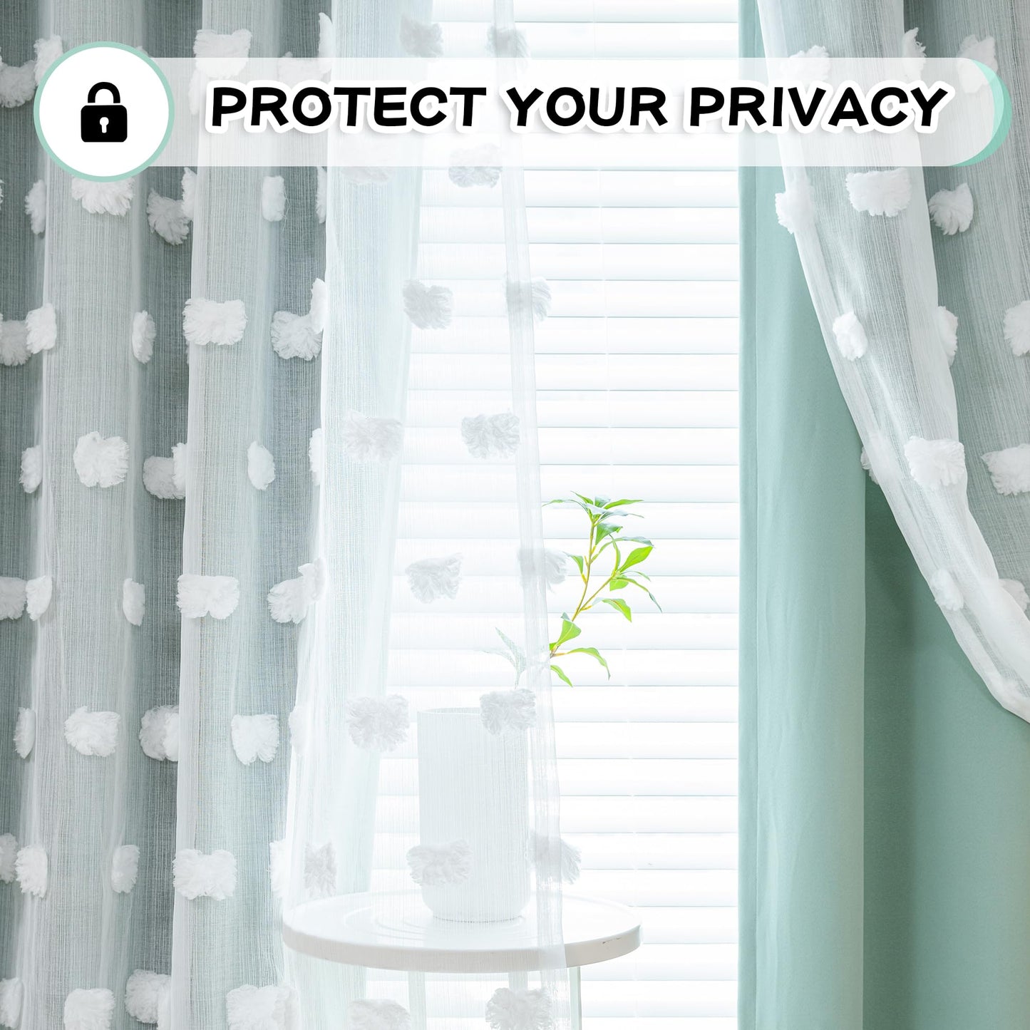 MYSKY HOME Aqua Living Room Curtains Kids Curtains for Boys Bedroom 84 Inches Long Double Layer Curtains for Kids Room Darkening Grommet White Pom Pom Sheer Blackout Curtains 52 x 84 Inch 2 Panels