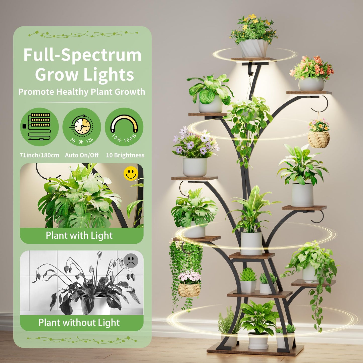 Plant Stand Indoor with Grow Lights - Lighted Plant Shelf Indoor, 64" Tall Corner Plant Stands for Indoor Growing, 10 Tier Flower Display Shelf, Large Tree-Shaped Holder for Home, Living Room, Black