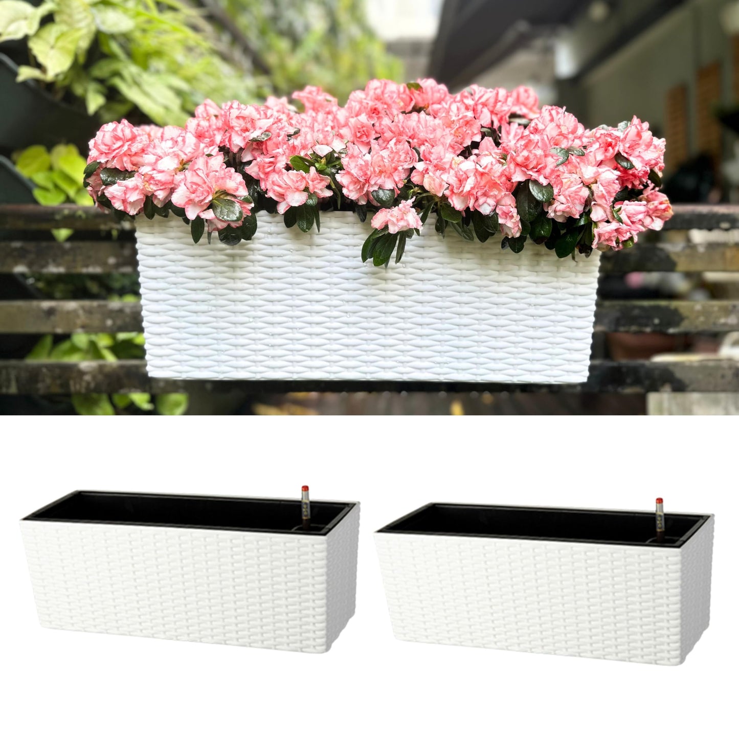 LaLaGreen Outdoor Rail Planter for Balcony (20 Inch, 2 Pack) Large White Self Watering Railing Planters with Brackets, Rectangular Plastic Fence Modern Window Boxes Designer Choice with Rattan Pattern