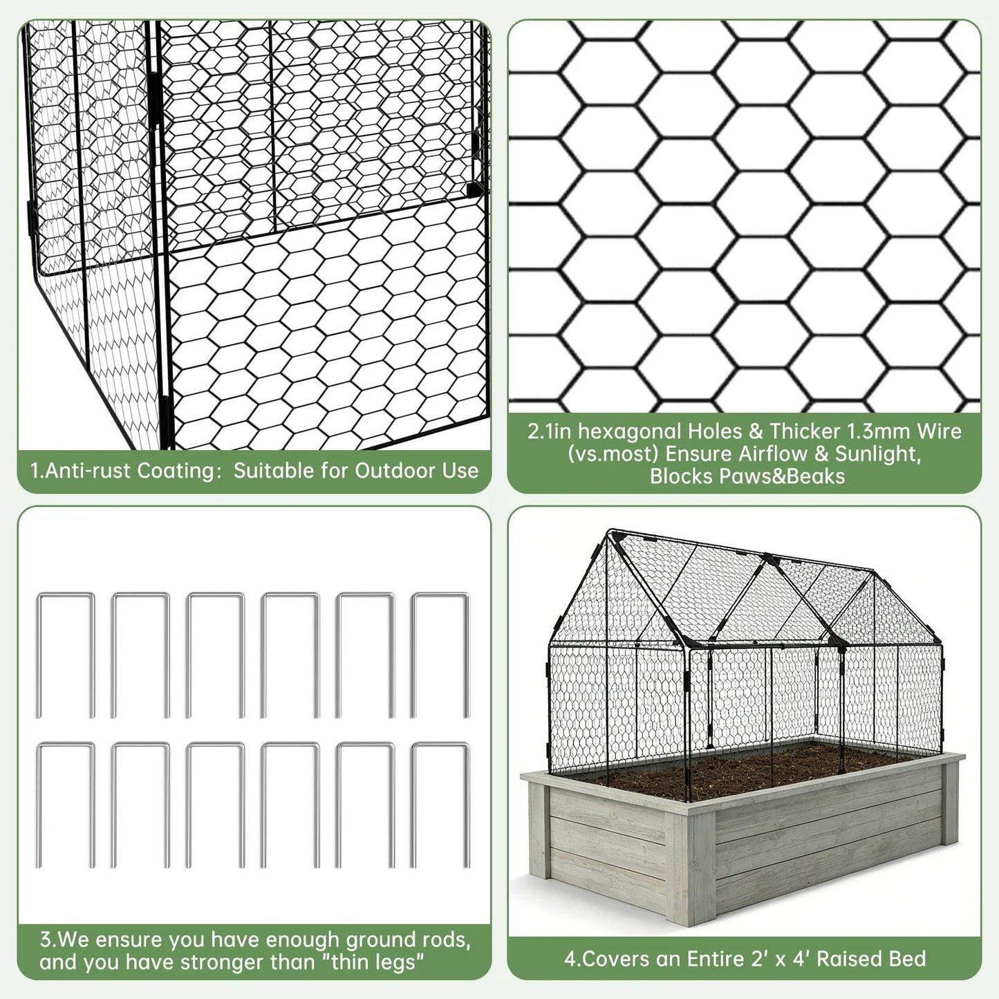 Decoroca 4x2ft Chicken Wire Plant Protectors - Crop Cage with Flip-Top&10 Ground Stakes, Outdoor Plant Protection Cage Keep Animals Out of Your Vegetable Garden - Suitable for 4x2ft Raised Garden Bed