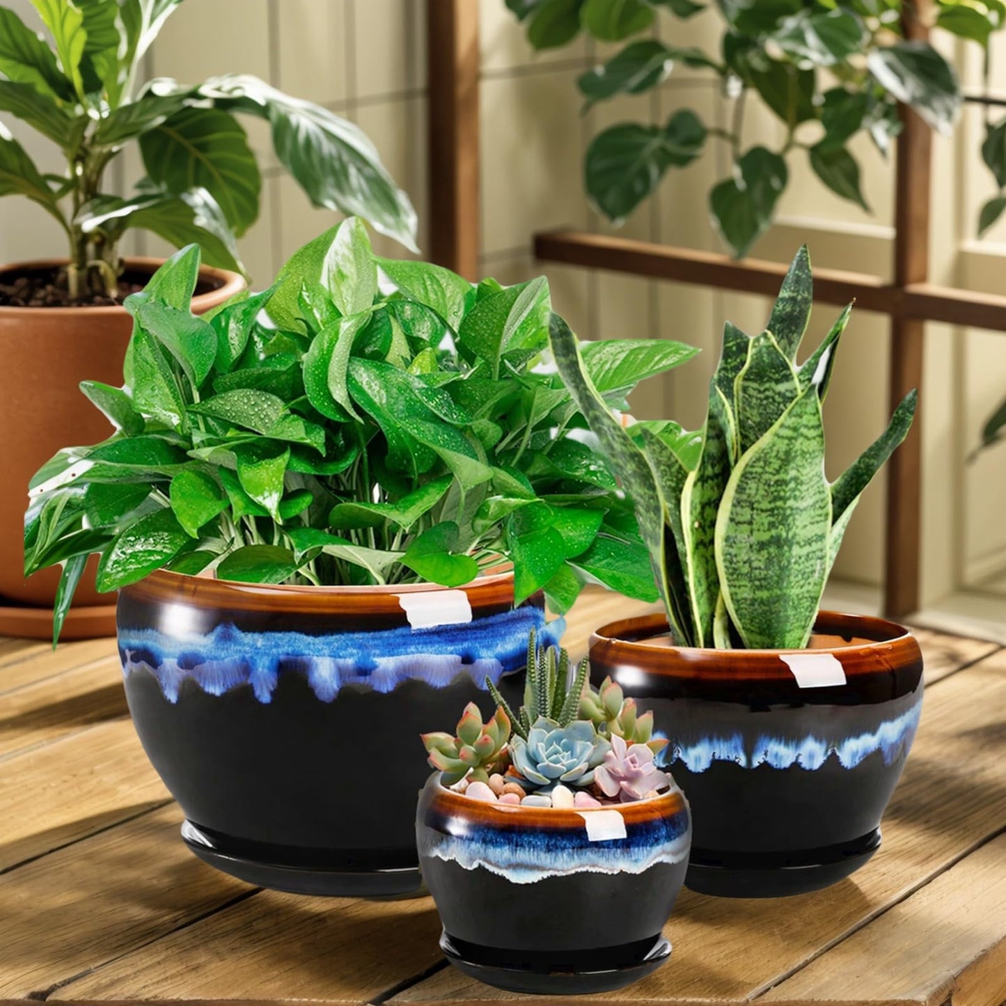 AVLA 3 Pack Ceramic Flower Pots, Gardening Drip Glazed Planter, Plant Pot with Drainage Hole and Saucer, 7/5/4 Inch Rustic Houseplant Container for Succulent Herbs Cactus Orchid, Home Indoor Outdoor
