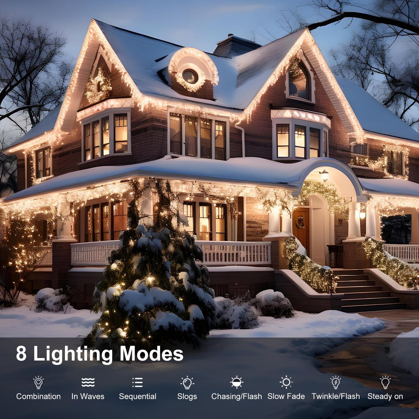TOPPORTED Icicle LED Christmas Lights Outdoor, 624 LED 59FT 8 Modes with 96 Drops Cool White Icicle Lights,Outdoor Indoor Fairy String Lights for Christmas Party,Holiday,Wedding Decorations