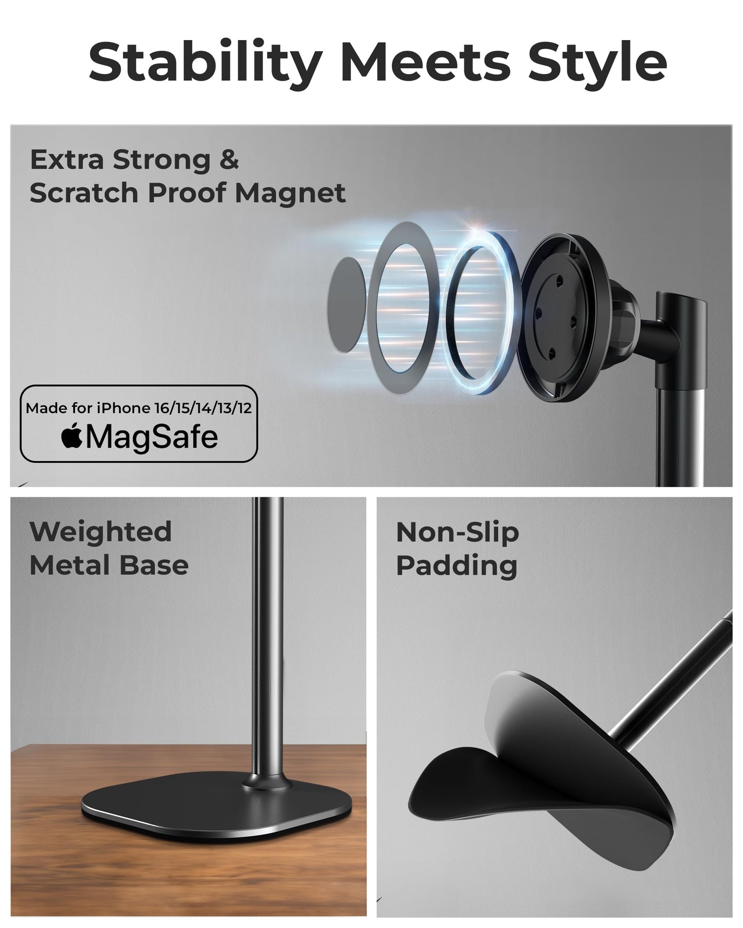 COOPER MagStand - iPhone Stand for Desk & Video Recording, Compatible with MagSafe, Stand for iPhone 16 Pro Max Plus, 15/14/13/12 (x2 Pack - Night Black)