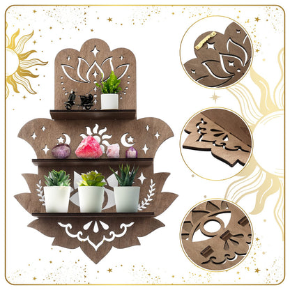 Maitys Hamsa Wall Decor Lotus Crystal Shelf Display for Evil Eye Decor Large 17'' Hamsa Hand Boho Wooden Hanging Crystal Holder Shelf Aesthetic Zen Meditation Spiritual Gift Witch Yoga