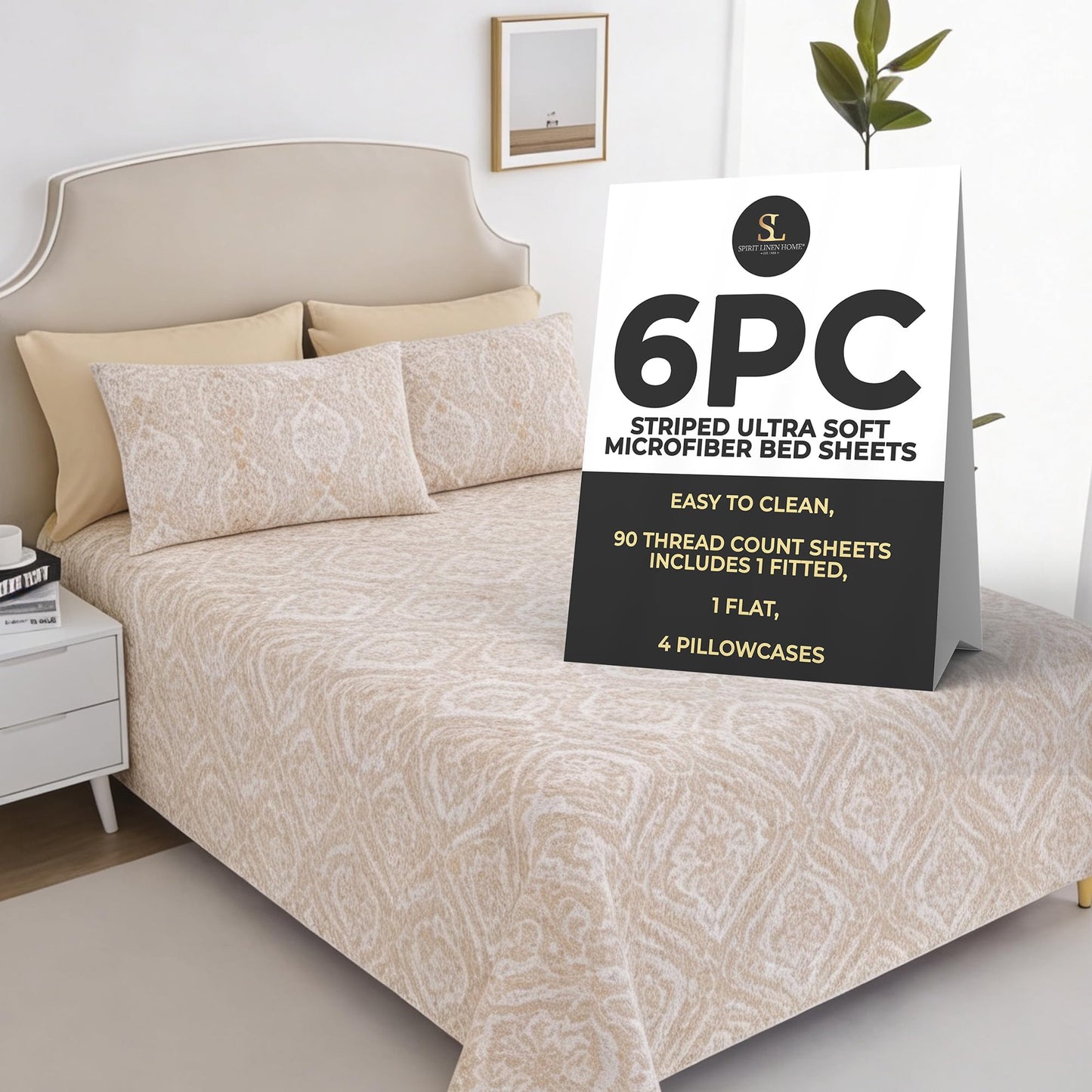Spirit Linen home 6-Piece Queen Size Bed Sheet Set - Deep Pocket, Paisley Pattern, Soft and Breathable Bed Sheets, Microfiber Material, Includes 1 Fitted, 1 Flat, 4 Pillowcases - Taupe Paisley Design