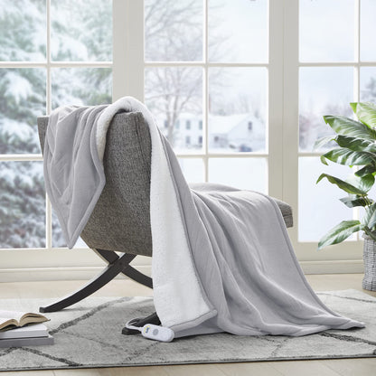 Serta Heated Blanket - Reversible Fleece to Sherpa Electric Blanket, Fast Heating, Auto Shut Off Timer, Multi Heat Setting, ETL Certified, Machine Washable, Grey Full 84"x 77"