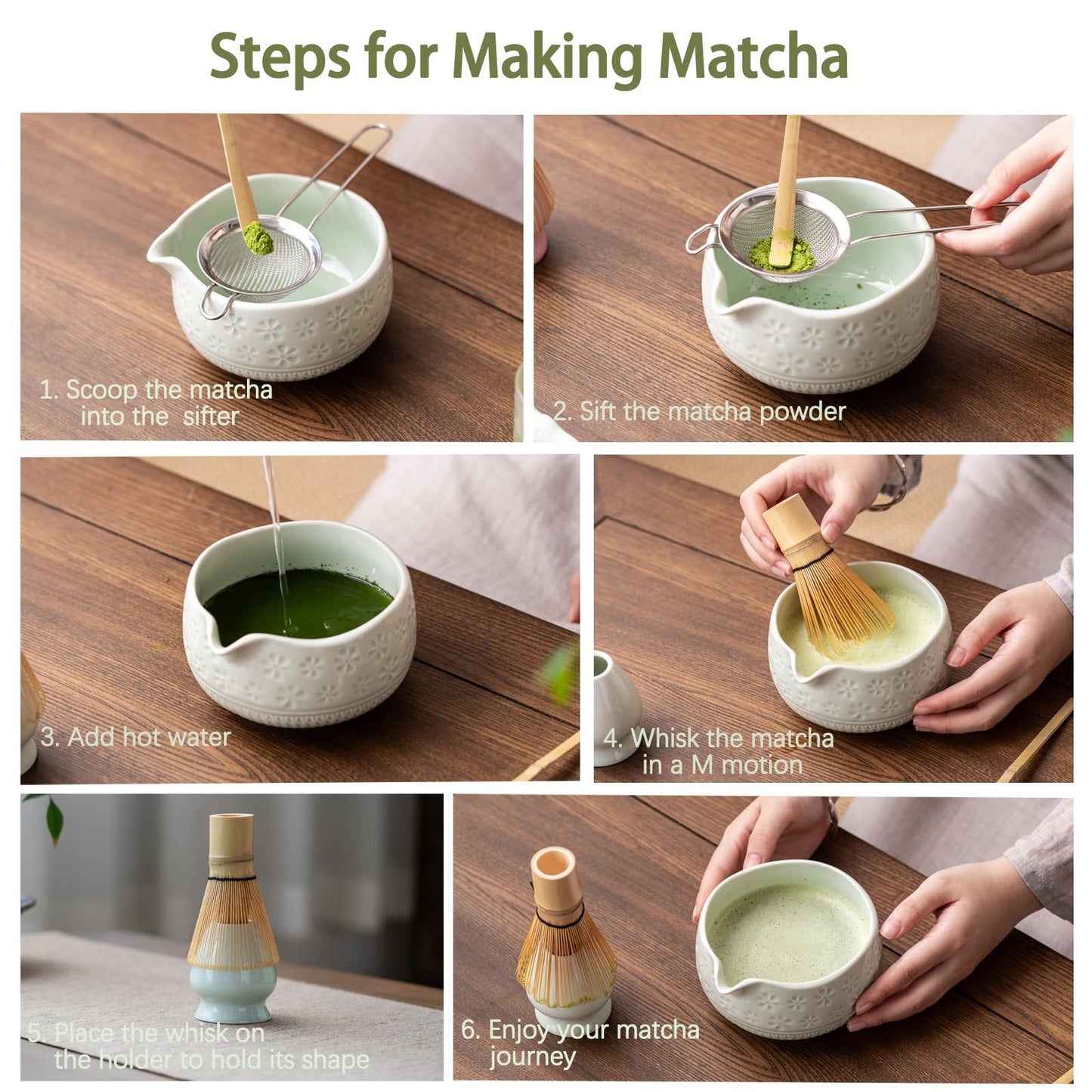 Buucup Matcha Whisk Set, Ceramic Matcha Kit Set Includes Matcha Bowl, Matcha Whisk and Holder, Bamboo Scoop, Scoop Rest, Sifter and Tea Towel - 7 Pcs Matcha Kit for Matcha Lovers (Mint)
