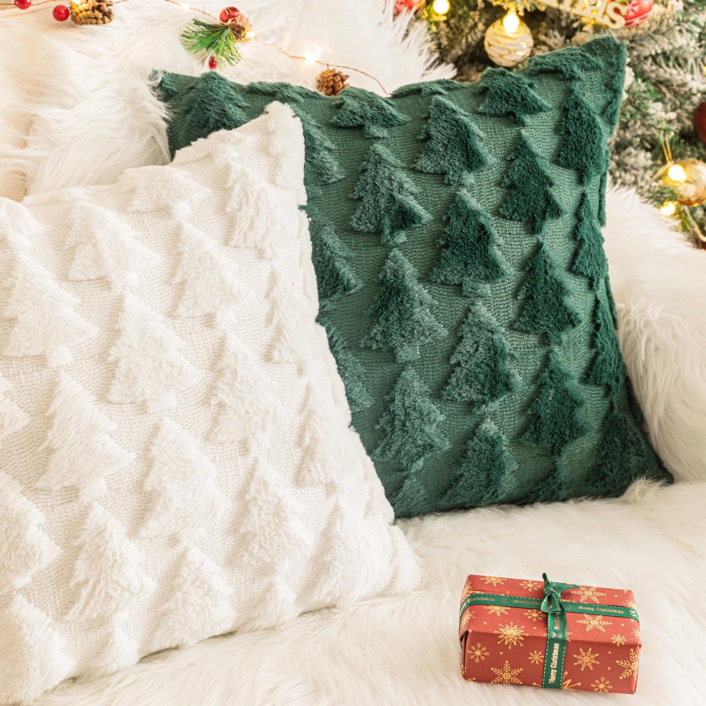 AQOTHES Set of 2 Christmas Tree Green Throw Pillow Covers 18x18 Inch, Soft Faux Fur Green Decorative Xmas Throw Pillows for Couch Sofa Holiday Winter Decor