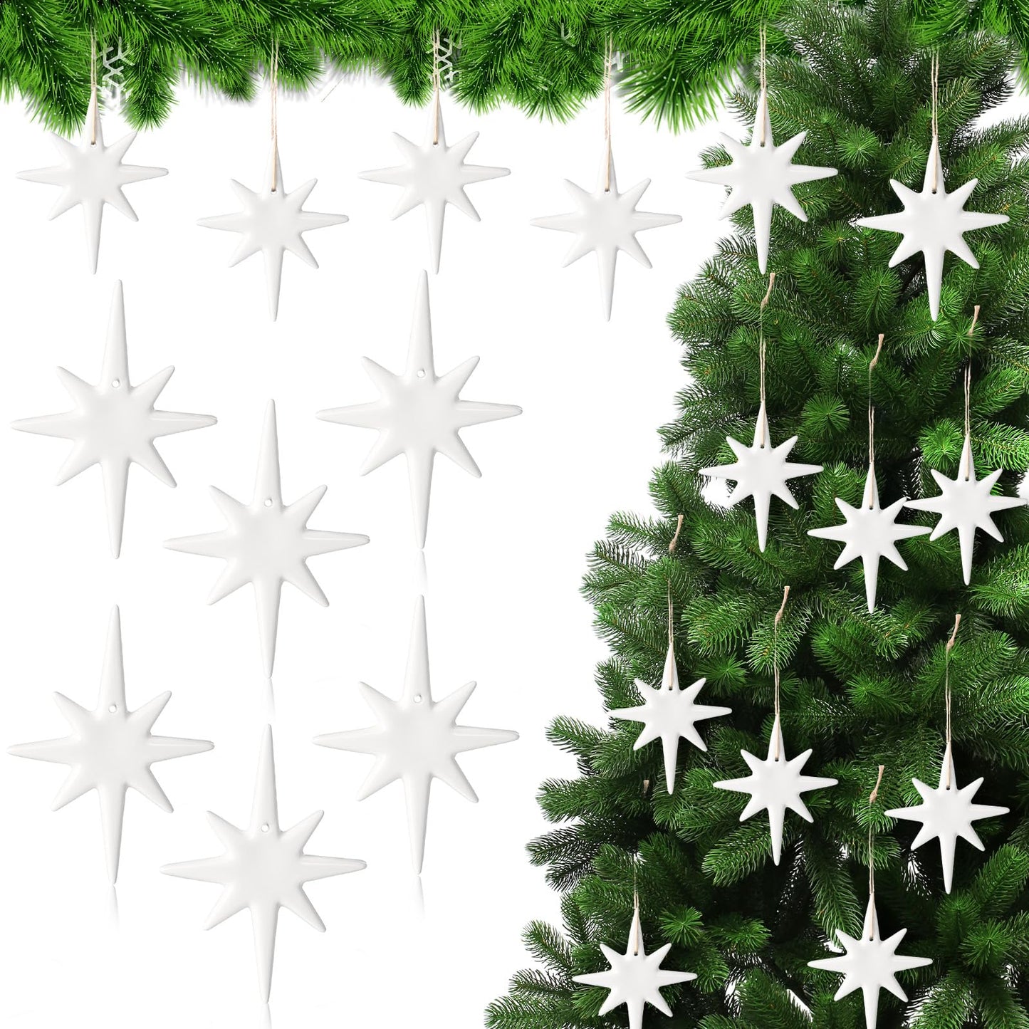 Suncalla 12 Pcs Christmas Bethlehem Star Ornament 1.97 x 3.15 White Star of Bethlehem Decoration Porcelain Ceramics Hanging Nativity Decor Accessories Sublimation Blanks Xmas Tree Topper Ornament