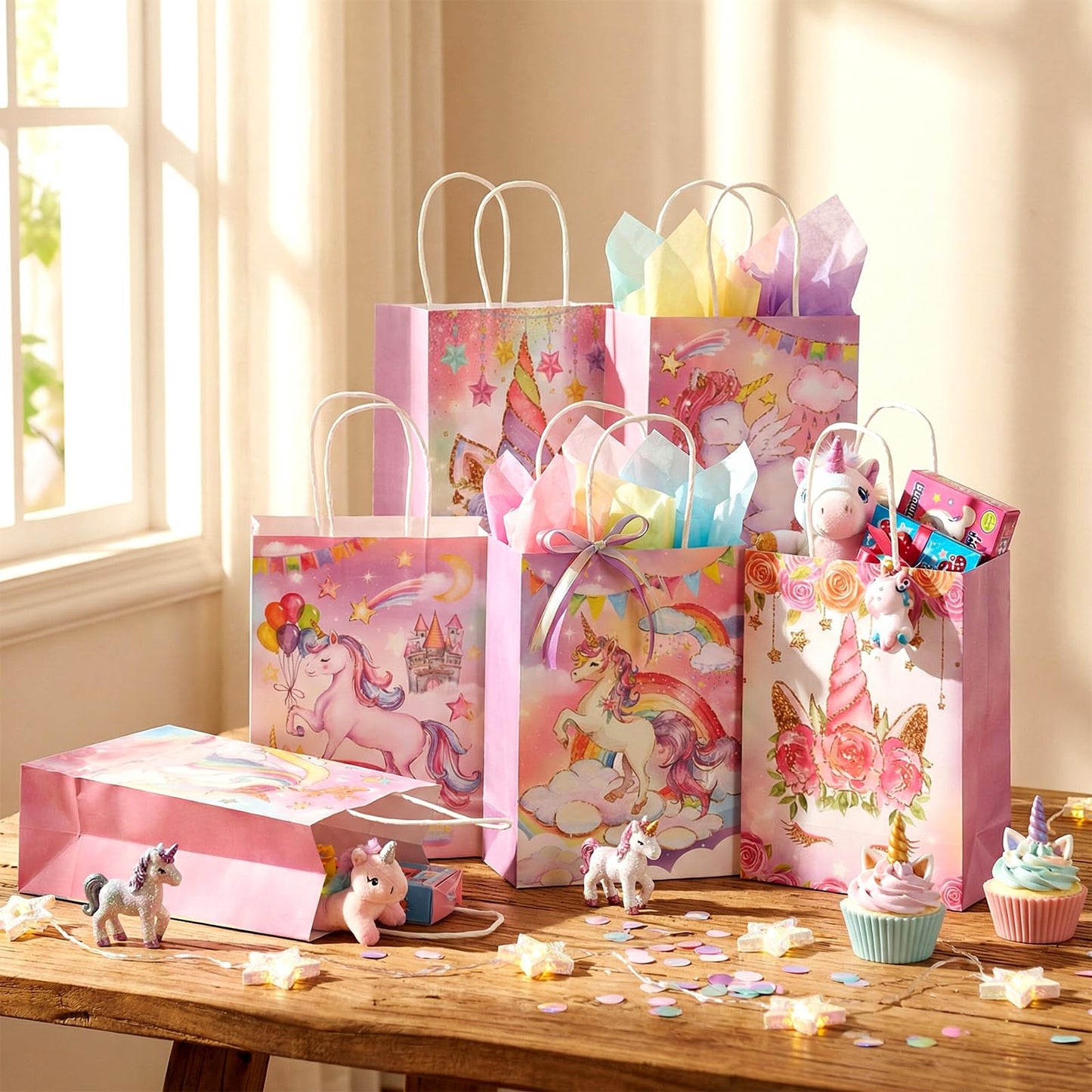 Kolldenn 48 Pcs Unicorn Party Favor Bags for Birthday Party Supplies Cute Unicorn Gift Goodie Paper Bags with Handles Rainbow Goody Treat Candy Pouch‌ for Girls Birthday Baby Shower Decorations