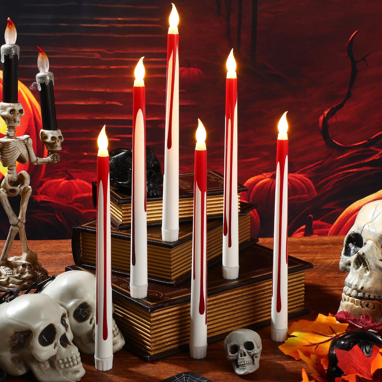 Kittmip 6 Pcs Halloween Flameless Taper Candles 11 Inch Long Red White Battery Operated LED Bloody Candles Haunted Table Centerpiece for Holiday Party Table Decor