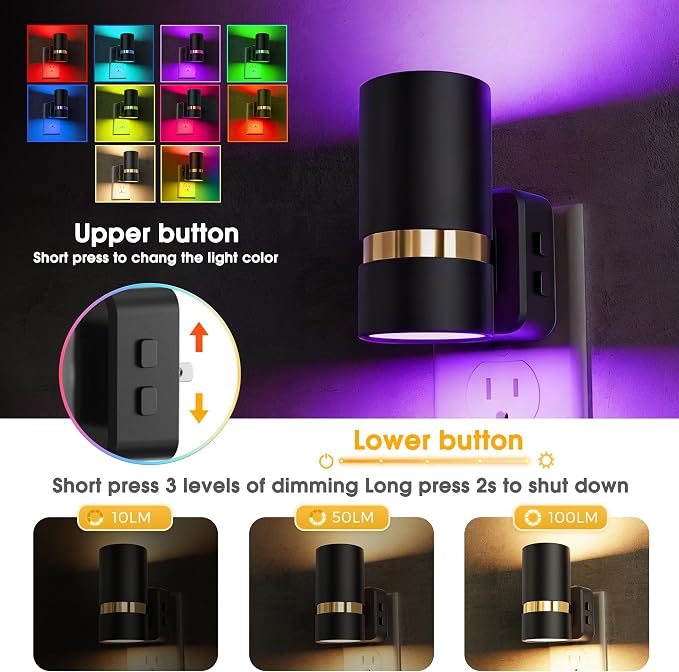 L LOHAS LED Night Light, 10-Color Changing Night Light with 180° Rotatable Plug, RGB Nightlight with Dusk to Dawn Sensor, Adjustable Brightness, Plug in Nightlight for Kids Bedroom Decor, 2 Pack