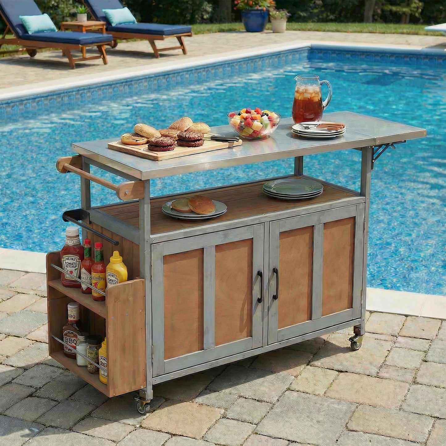 Merax 60.6" Outdoor Mobile Kitchen Island on Wheels with Stainless Steel Tabletop, Foldable Patio Grill Cart Table with Large Storage Cabinet and Towel Rack for Backyard, Garden, Espresso
