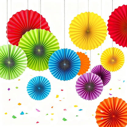 AimtoHome Rainbow Paper Round Fan Decorations,Vibrant Red Green Yellow Blue Orange Purple Hanging Fans, Fiesta Party Decor, Wedding Birthday Backdrop, Back to School Decor, Set of 12, 10", 12"