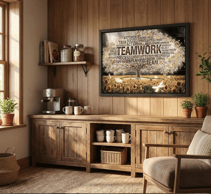 Framed Teamwork Tree Canvas Wall Art Inspirational Office Wall Decor Picture Motivation Positive Quotes And Sunflower Poster Print Painting for Living Room Bedroom Classroom Home Decoration