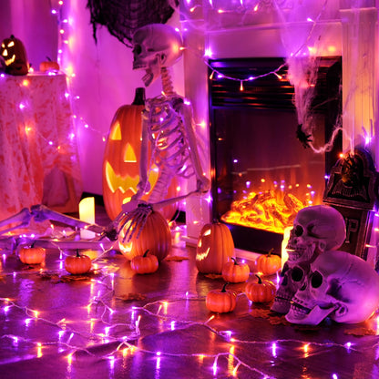 JMEXSUSS 33 FT 100 LED Halloween String Lights Indoor, Orange and Purple Halloween Lights Clear Wire, 8 Modes Outdoor Waterproof Christmas String Light Plug in