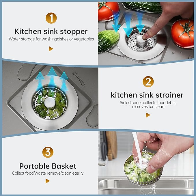 YYKBZ 3 in 1 Kitchen Sink Drain Strainer， Stainless Steel Pop Up Sink Stopper，