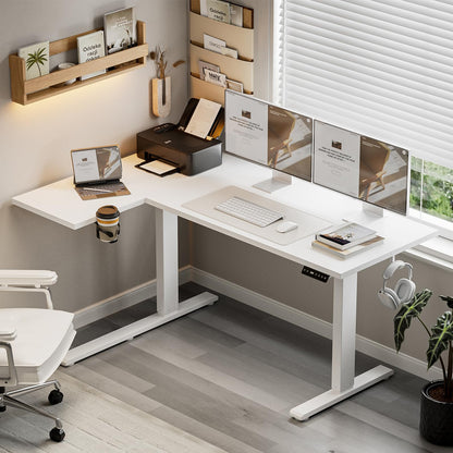 Muvai 59 Inch L Shaped Standing Desk Adjustable Height with Cable Management Tray,Gaming Electric Corner Standing Desk, Sit Stand Computer Table with Reversiable Splice Board,White