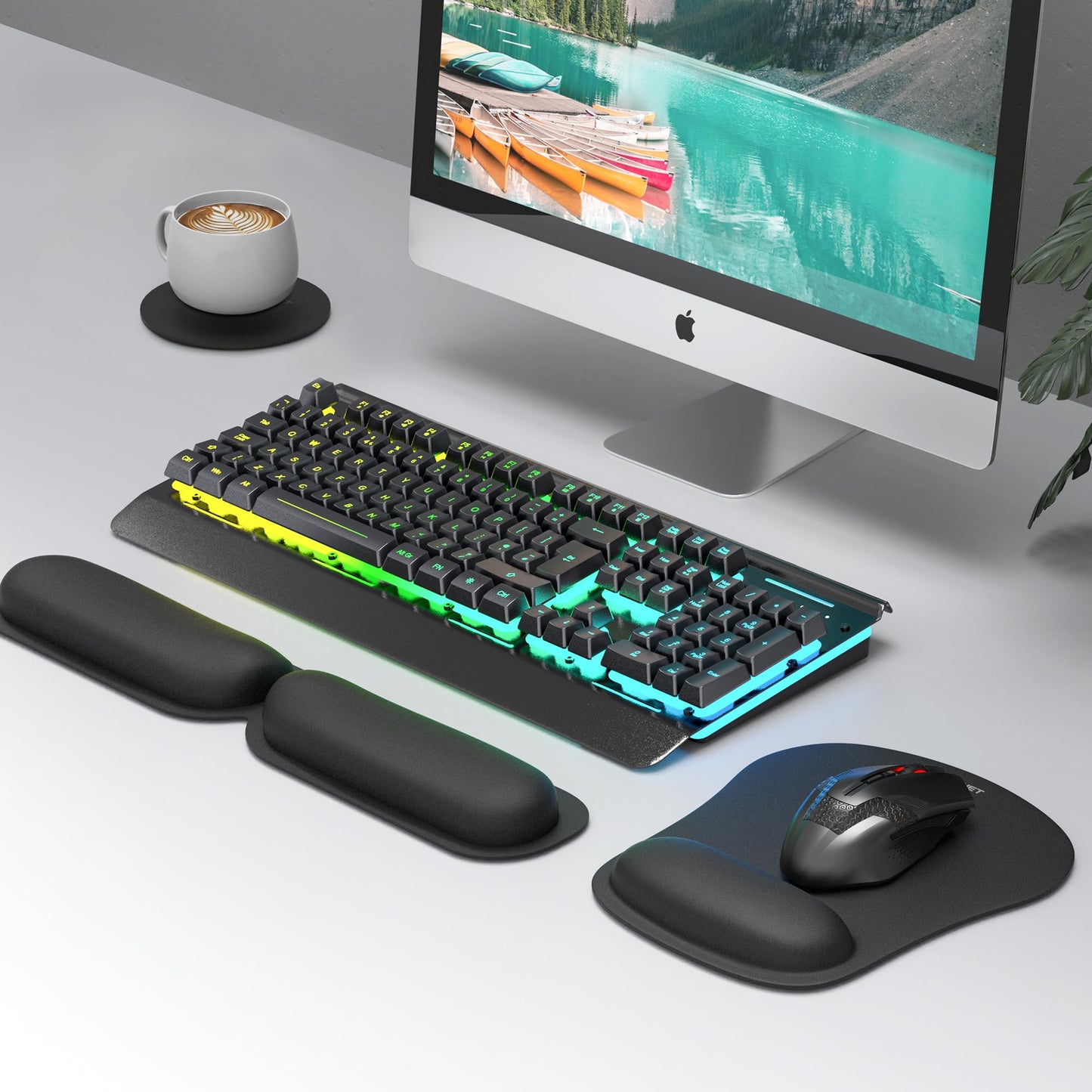 TECKNET 3-in-1 Ergonomic Mouse Pad & Keyboard Wrist Rest Set – Foldable Memory Foam Support, Non-Slip, Portable for Travel, Office, Laptop & Computer Use