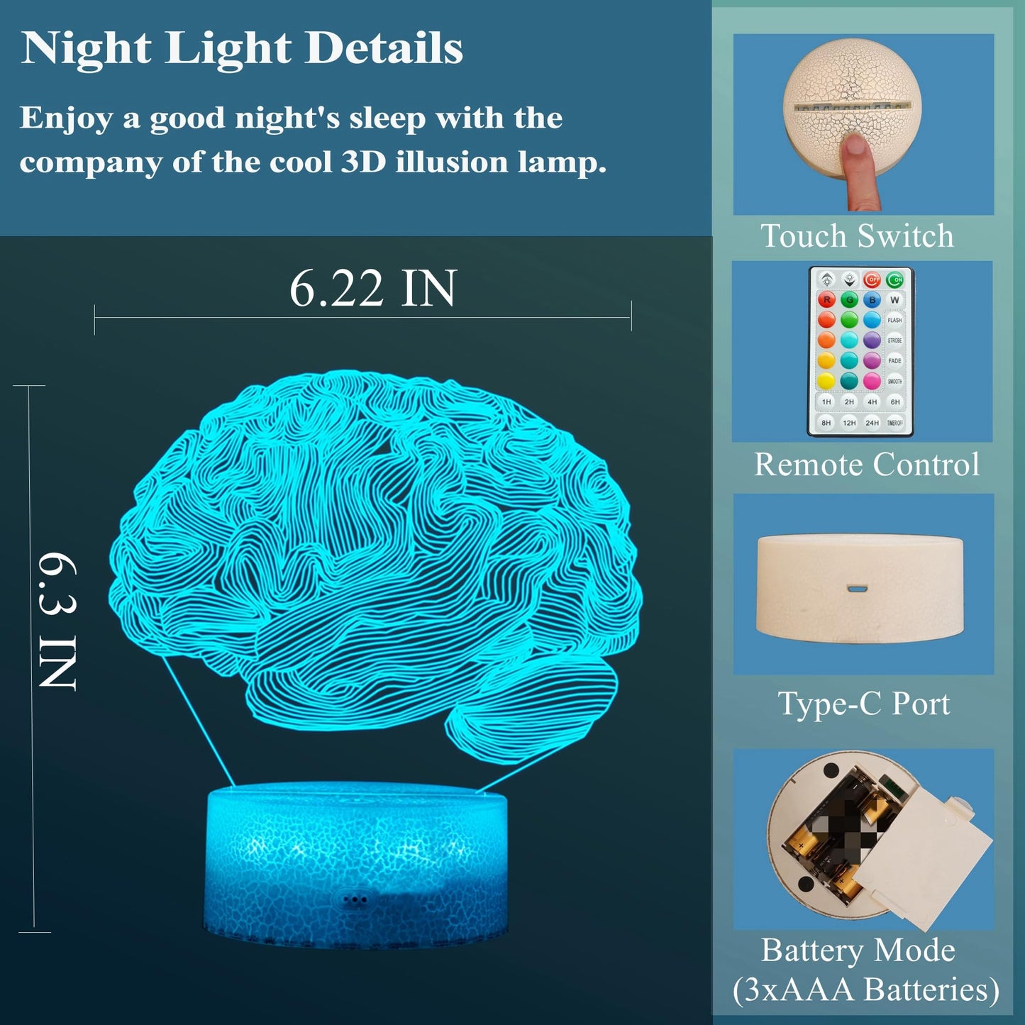 POSSHE Neurology Gifts, 3D Brain Illusion Lamp, Night Light with16 Colors Changing, Remote Control, Timer, Dimmable, Kids Room Decoration, Xmas Brain Model Gifts