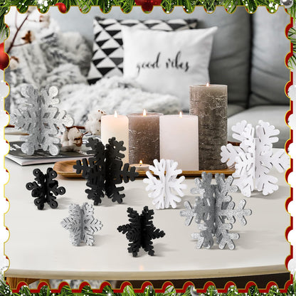 Wenqik 16 Pcs Winter Wooden Snowflake Decor Christmas Winter Snowflake Tabletop Decorations 3D Snow Table Signs Standing Centerpiece Xmas Tiered Tray Decorations for Party(White, Black, Silver)