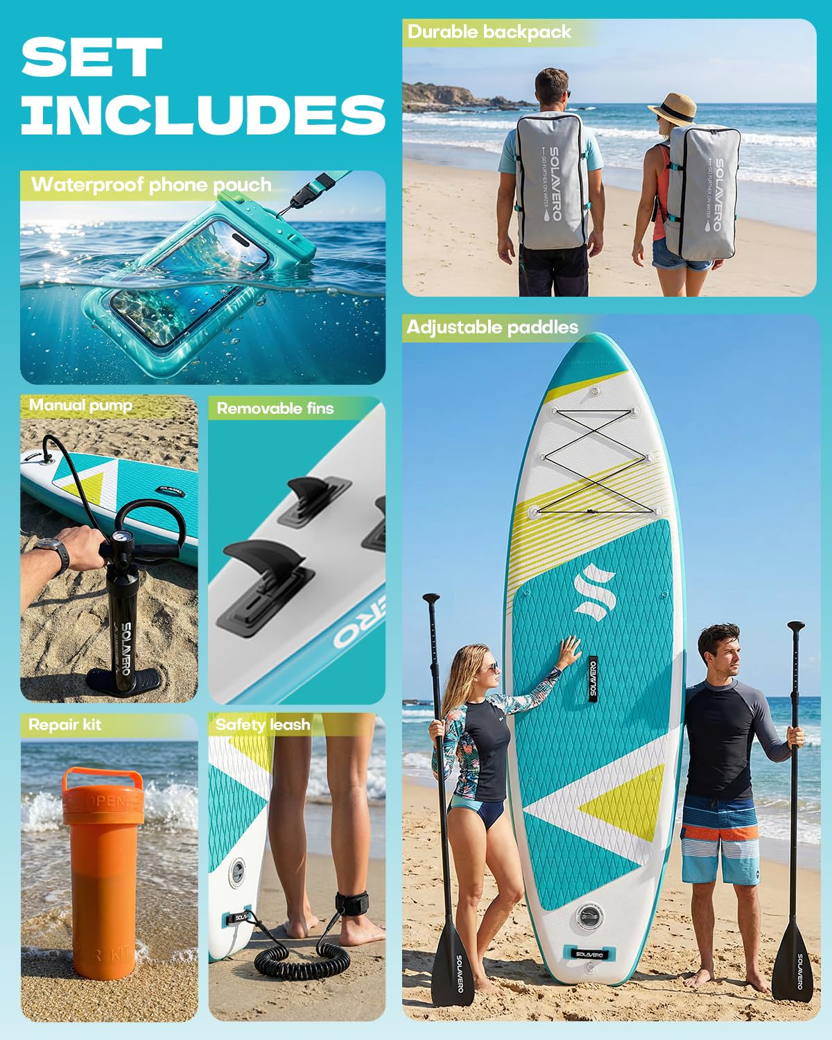 SOLAVERO 11' Inflatable Stand Up Paddle Board with SUP Accessories Kit & Backpack Portable Blow Up Paddleboard with Non-Slip Deck for Sea and Lake, All Skill Levels