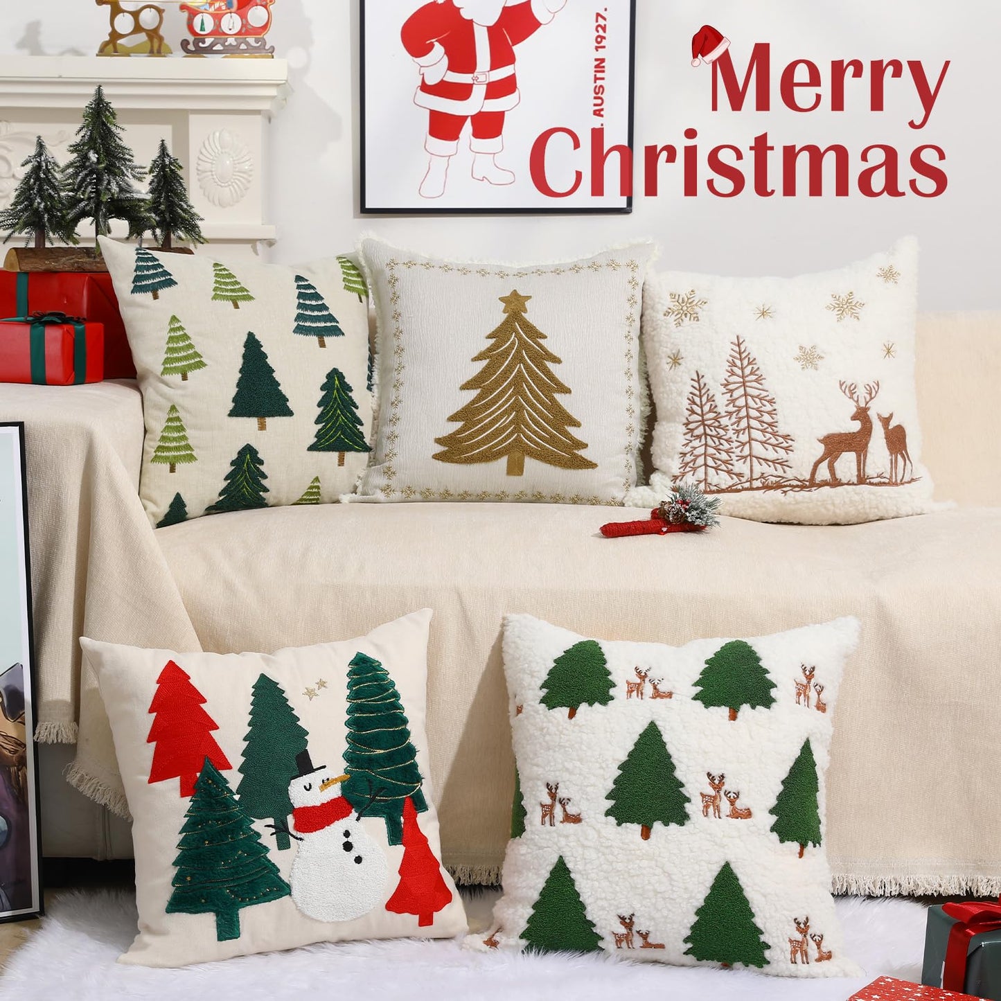 Lewondr Christmas Pillow Covers 18x18 inch, 2 Pack Christmas Throw Pillow Covers with Reindeer Embroidery, Soft Velvet Xmas Tree Pillows Cover for Living Room Couch Sofa Bed Home Decoration, Beige