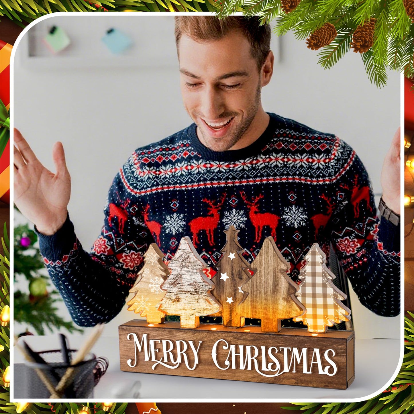 Chunful Lighted Wooden Christmas Tree Decor Rustic Christmas Tabletop Decoration Sign for Home Office Fireplace Farmhouse Xmas Party Table Centerpieces